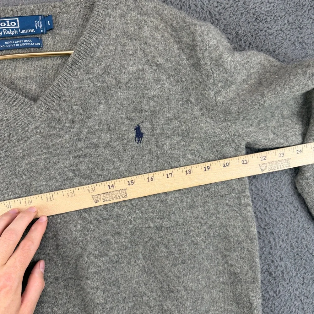 Polo Ralph Lauren Mens Large Gray‎ 100% Lambs Wool V-Neck Sweater Italian Yarn